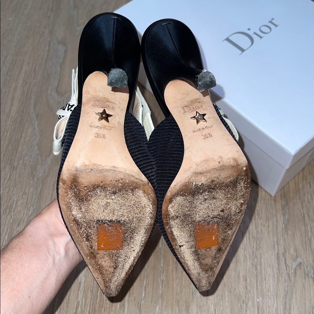 Dior Black and Cream Slingback Pointed Toe Heels - Picture 6 of 16
